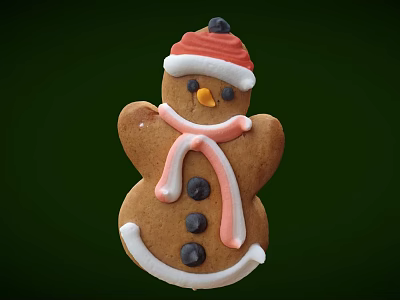 Gingerbread Man Doll With Red Hat Pink Scarf Black Buttons And Green Background 3d model
