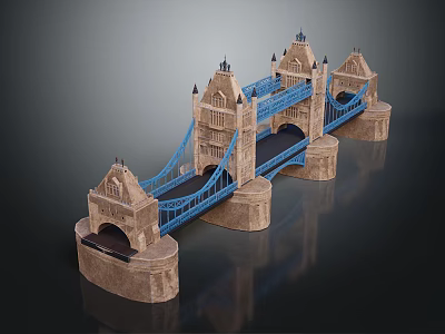 Detailed London Tower Bridge Model With Stone Towers Blue Arches And Bases 3d model