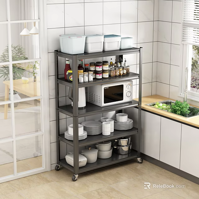Multi Tiered Metal Kitchen Storage Shelf with Wheels Microwave Spice Bottles and Dishes 3d model 