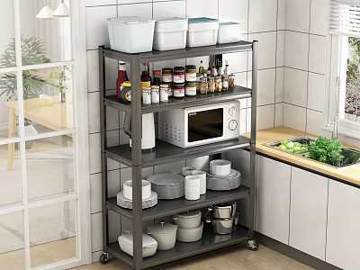 Multi Tiered Metal Kitchen Storage Shelf with Wheels Microwave Spice Bottles and Dishes 3d model