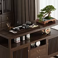 Chinese Style Wooden Entryway Cabinet Sideboard With Bonsai Tree Tea Set And Lattice Design