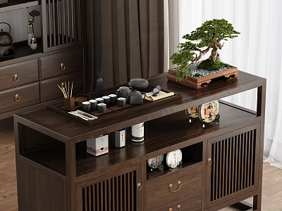 Chinese Style Wooden Entryway Cabinet Sideboard With Bonsai Tree Tea Set And Lattice Design 3d model