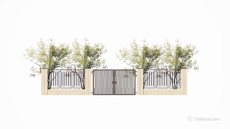 Garden Courtyard With Iron Gate Fence And Light Colored Walls Surrounded By Green Trees 3d model 