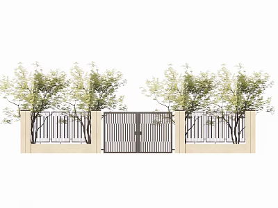 Garden Courtyard With Iron Gate Fence And Light Colored Walls Surrounded By Green Trees 3d model