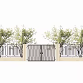 Garden Courtyard With Iron Gate Fence And Light Colored Walls Surrounded By Green Trees