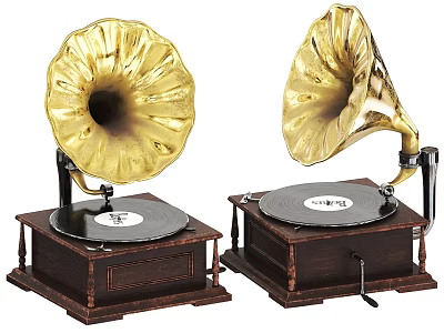 Pair of Vintage Musical Phonograph with Golden Horn and Wooden Base Home Decor 3d model