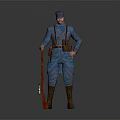 Game Movie Character in Blue Uniform with Red Long Staff and Brown Gear