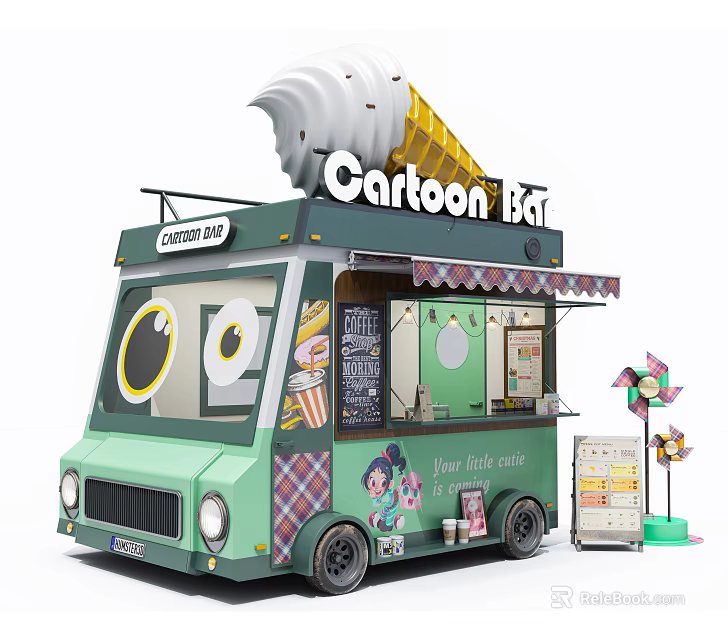 Cartoon Style Green Ice Cream Cart Design With Ice Cream Decorations And Selling Window 3d model 