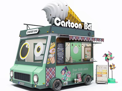 Cartoon Style Green Ice Cream Cart Design With Ice Cream Decorations And Selling Window 3d model