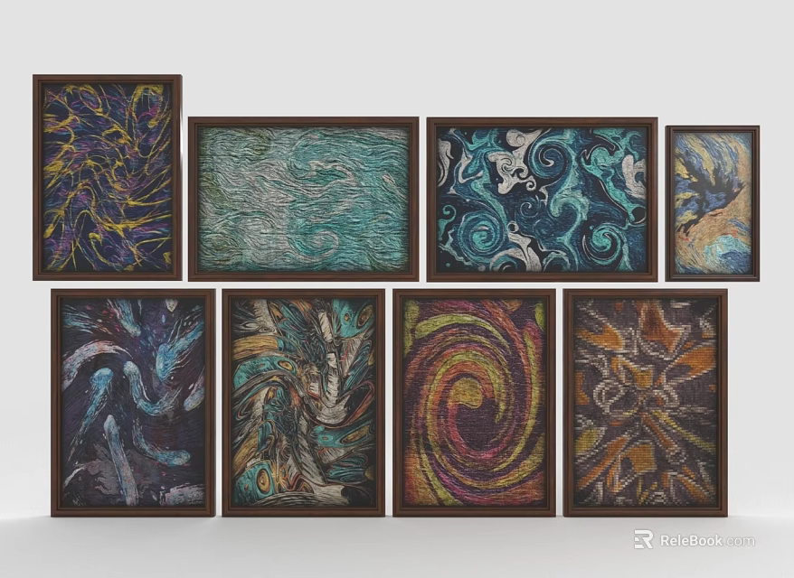 Eight Abstract Artworks With Dark Wooden Frames Arranged In Two Rows Four Columns Home Furniture 3d model 
