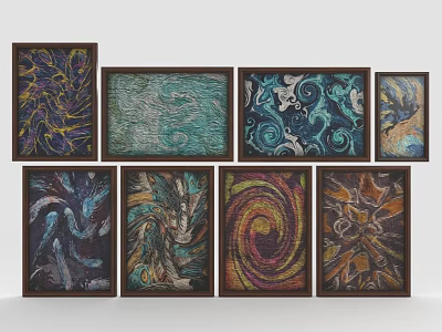 Eight Abstract Artworks With Dark Wooden Frames Arranged In Two Rows Four Columns Home Furniture 3d model