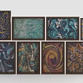 Eight Abstract Artworks With Dark Wooden Frames Arranged In Two Rows Four Columns Home Furniture