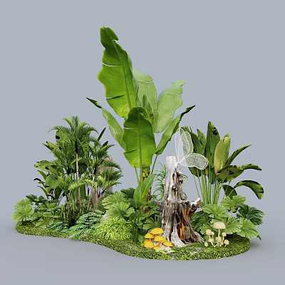 Tropical Plant Combination With Large Leaves Palm Ferns Tree Stump And Mushrooms 3d model