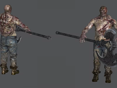 Zombie Creature Character With Wounded Body Tattered Pants Holding Axe And Shield 3d model
