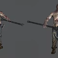Zombie Creature Character With Wounded Body Tattered Pants Holding Axe And Shield