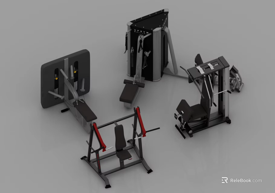Various Sports Equipment for Home Gym with Strength Training Machines and Benches 3d model 