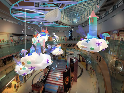 Colorful Mall Interior Hanging Decorations With Clouds Stars Castle And Balloons 3d model