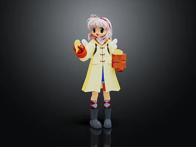 Pink Haired Character With Yellow Coat Red Gloves And White Winged Creature Holding Brown Box 3d model