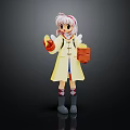 Pink Haired Character With Yellow Coat Red Gloves And White Winged Creature Holding Brown Box