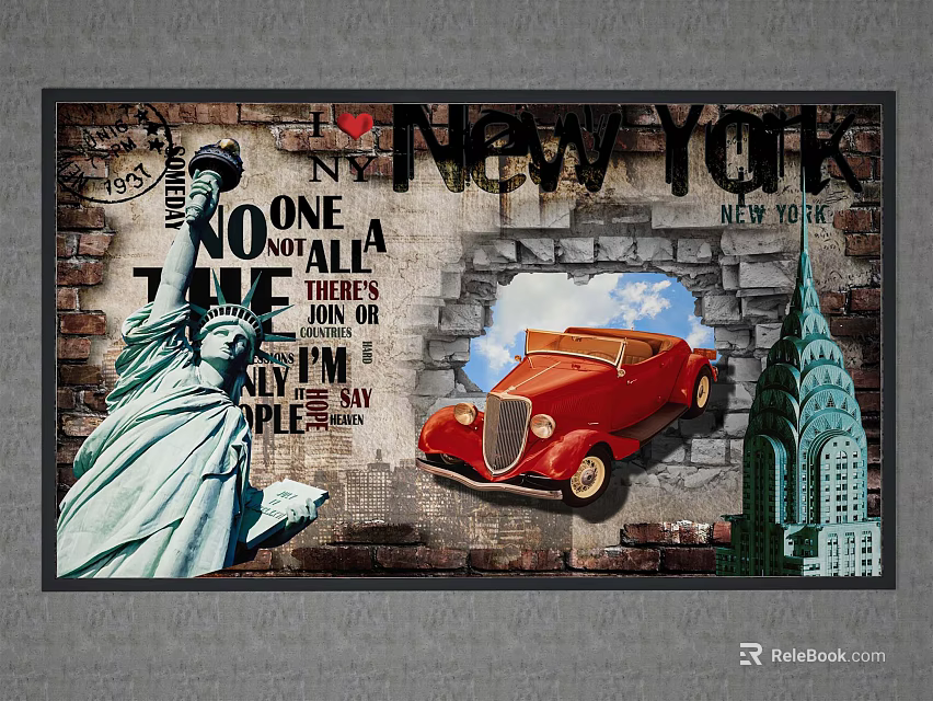 New York Wall Art Featuring Statue of Liberty Red Vintage Car and Empire State Building 3d model 