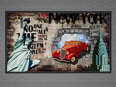 New York Wall Art Featuring Statue of Liberty Red Vintage Car and Empire State Building 3d model