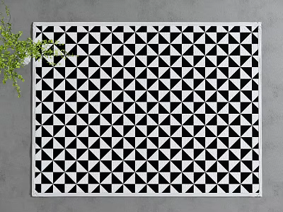 Square Rug Featuring Black And White Geometric Pattern Modern Design With Green Plant 3d model