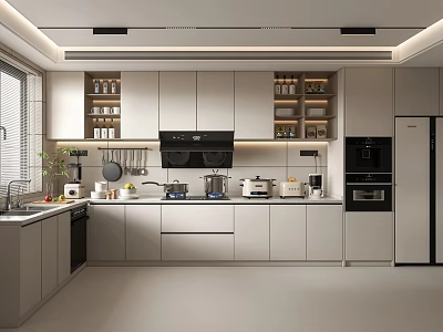 Modern Kitchen Interior Design With White Wall Base Cabinets Appliances And Window 3d model