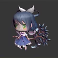 Cute Chibi Game Anime Character With Blue Hair Green Eyes And Blue Leaf Branch