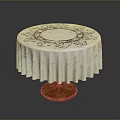 Round Table With White Tablecloth Featuring Black Floral Pattern And Wooden Base 3d model