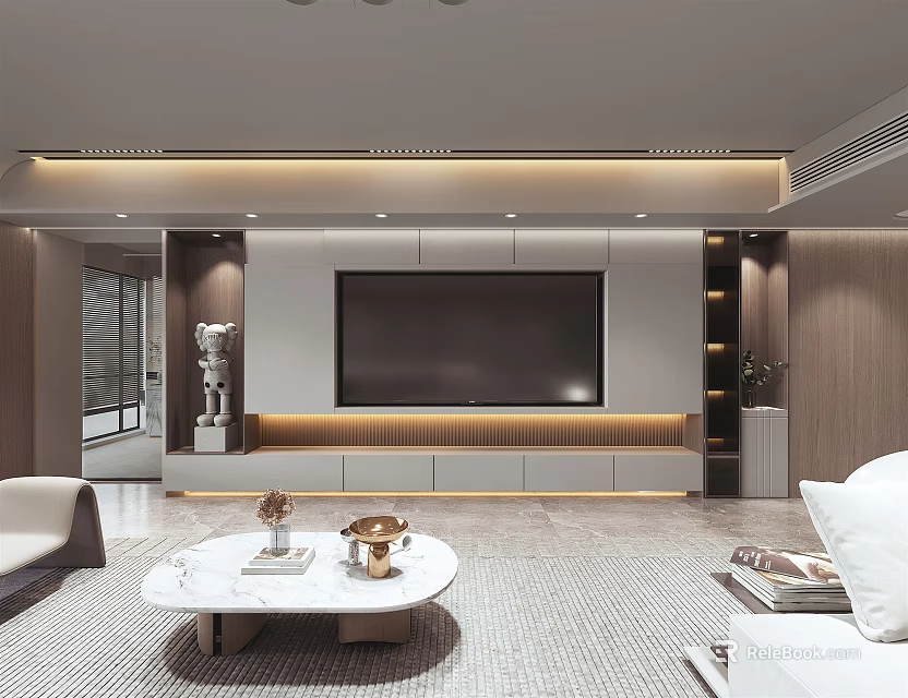 Modern Living Room Interior Design With TV Wall White Sofa And Round Coffee Table 3d model 