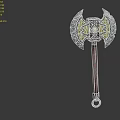 Ornate Decorative Axe With Intricate Metal Blade And Leather Wrapped Handle