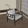 Japanese Style Accent Chair with Black Frame White Cushion in Wooden Floor with Grid Window
