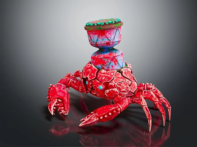 Red Crab Sculpture With Colorful Decorative Top Container And Intricate Design Details 3d model