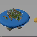 Round Blue Platform Scene With Green Island Buildings Trees Orange Boats And Yellow Sun