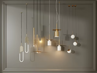 Modern Stylish Pendant Lights with Geometric Shapes Metal Frames and Warm Lighting on Gray Wall 3d model