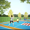 People Playing Badminton On Outdoor Colorful Sports Court For Fitness Sunny Day With Trees