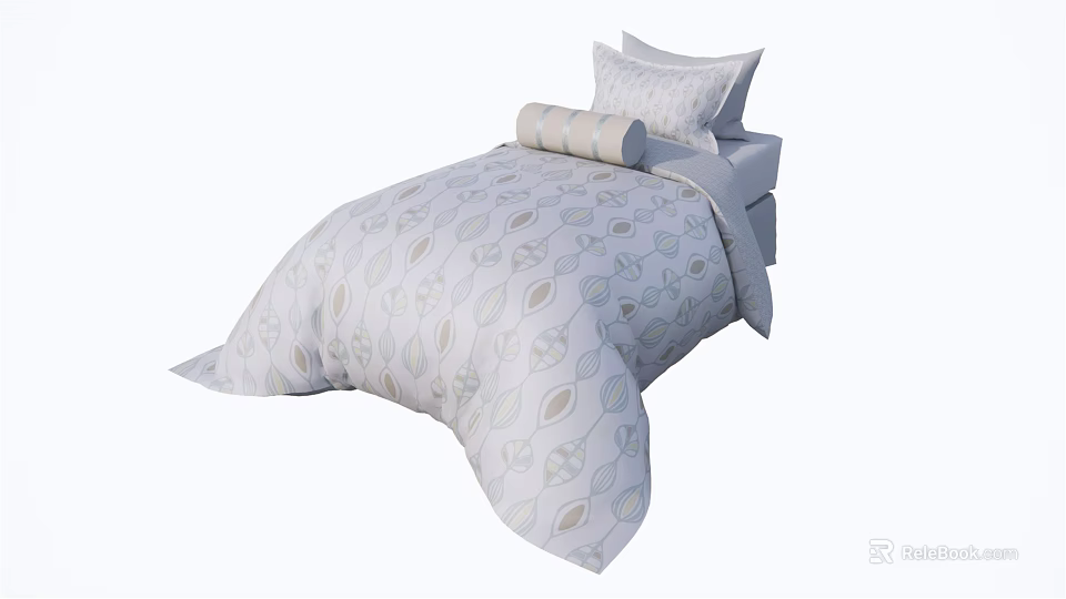 Modern Single Bed With Light Gray Leaf Pattern Quilt Pillows And Roll Pillow 3d model 