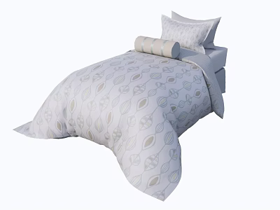 Modern Single Bed With Light Gray Leaf Pattern Quilt Pillows And Roll Pillow 3d model