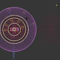 Futuristic Exhibition Space With Suspended Purple Car On Circular Platform And Holographic Car Projections