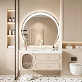 Modern Bathroom Vanity Cabinet With Round Backlit Mirror Countertop And Drawers