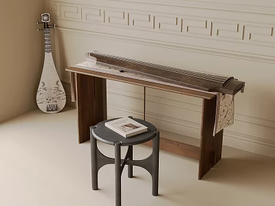 Traditional Chinese Musical Instruments Pipa and Guzheng on Wooden Table with Stool and Wall Decorations 3d model