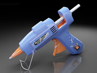 Blue Hot Glue Gun With Orange Trigger And Metal Stand For Crafts 3d model