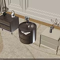 Modern Decorative Cabinets With Woven Details Drawers And Vases On Beige Carpeted Floor