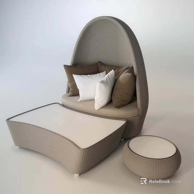 Woven Sofa Set with Curved Design Brown and White Pillows and Round Side Table 3d model 