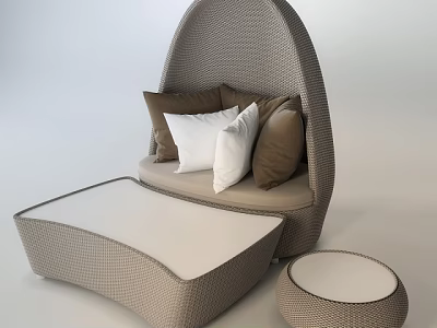 Woven Sofa Set with Curved Design Brown and White Pillows and Round Side Table 3d model