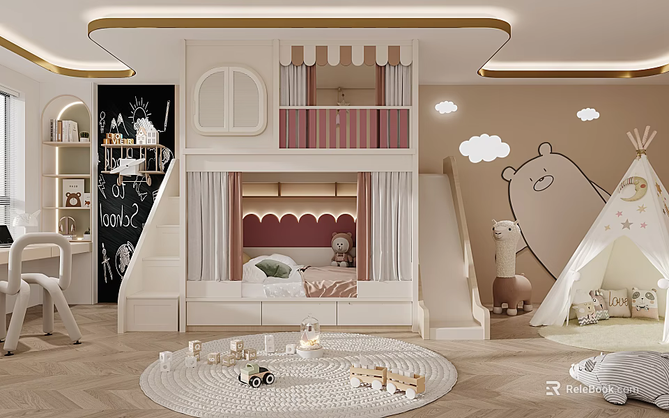 Cozy Kids Room With Bunk Bed Slide And Cartoon Decor 3d model 