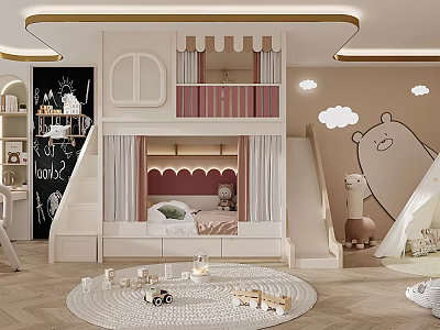 Cozy Kids Room With Bunk Bed Slide And Cartoon Decor 3d model