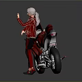 Game Movie Character With White Hair Posing In Red Outfit By Modern Red Motorcycle