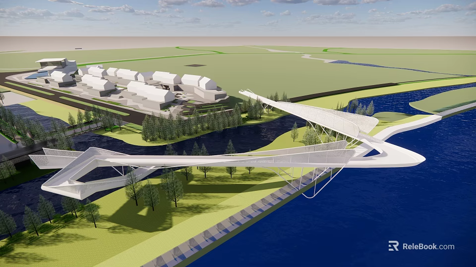 Modern Architectural Bridge Spanning Water With Green Space Trees And Buildings 3d model 