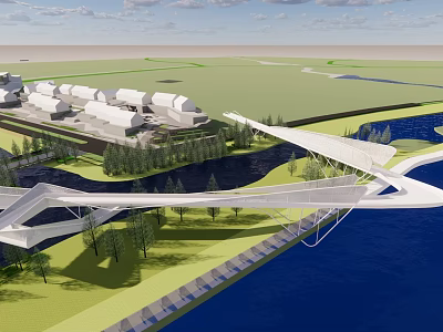 Modern Architectural Bridge Spanning Water With Green Space Trees And Buildings 3d model